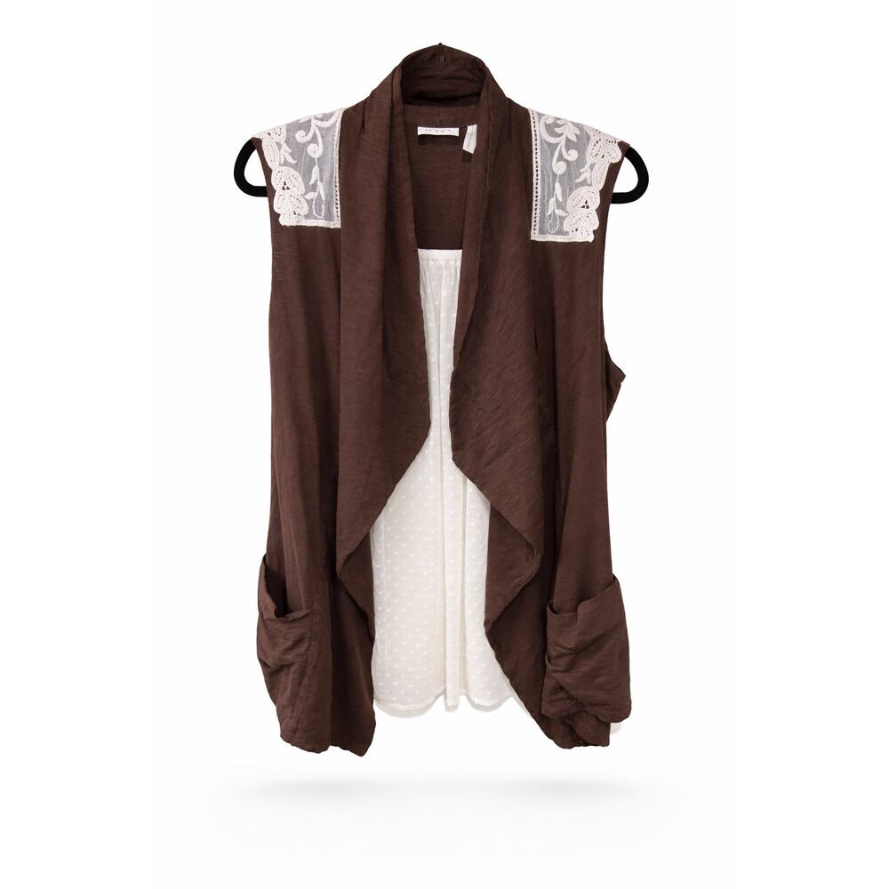 LOGO Lori Goldstein Large Brown Boho Lace Drape Cardigan Vest Pockets Chic